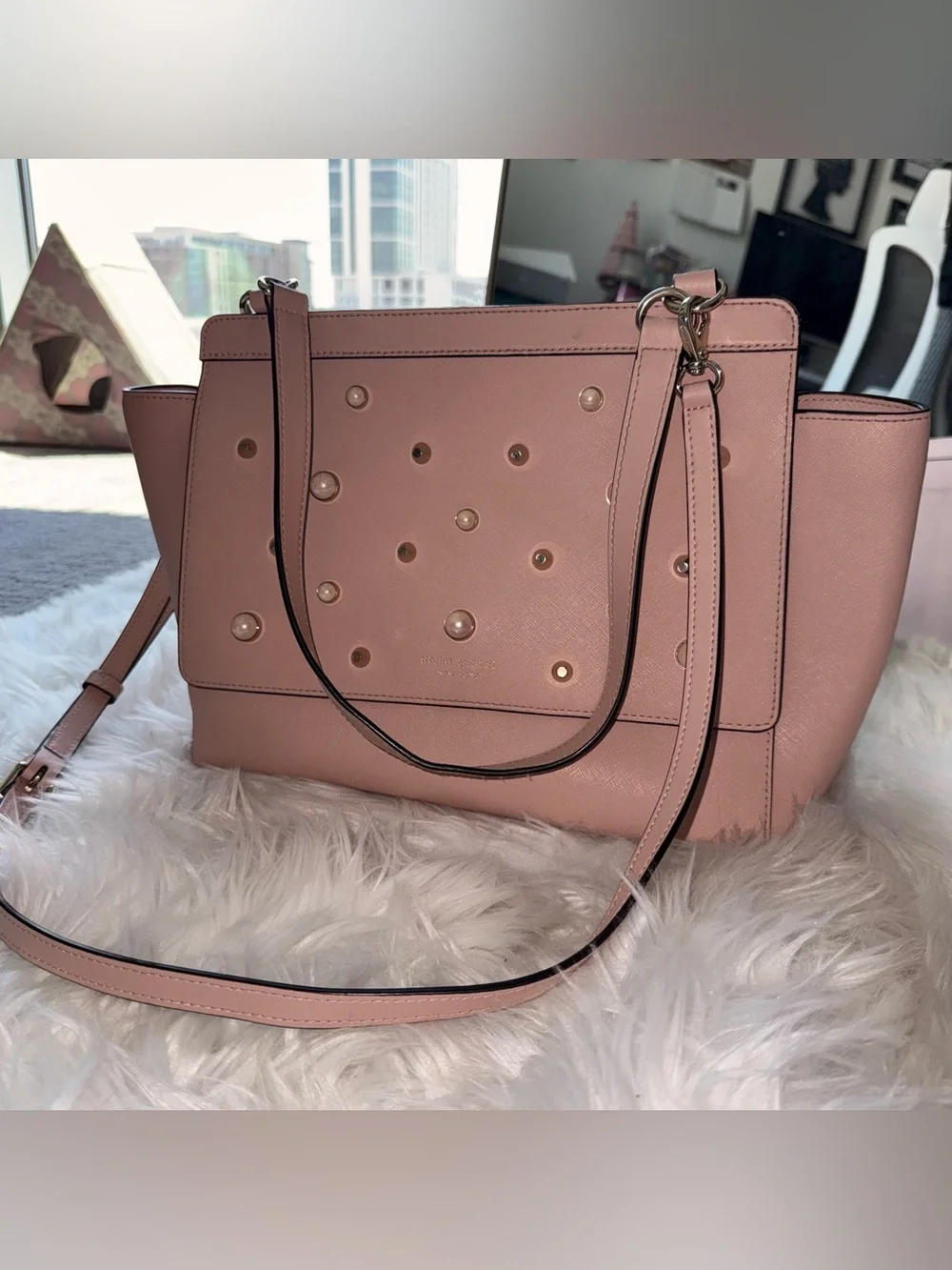 Henri Bendel West 57th Flap Satchel Pearl Gold Stud Rosewood Crossbody Strap